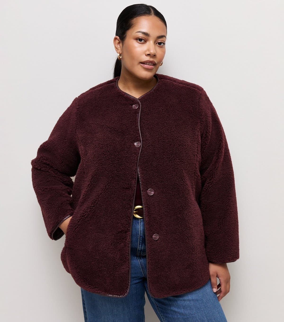 New Look Women's Plus Size Dark Burgundy Borg Texture Buttoned Jacket Curves New Look