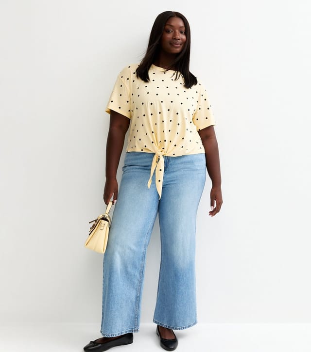 New Look Women's Plus Size Yellow Spot Print Tie Front T-Shirt Curves New Look - 3