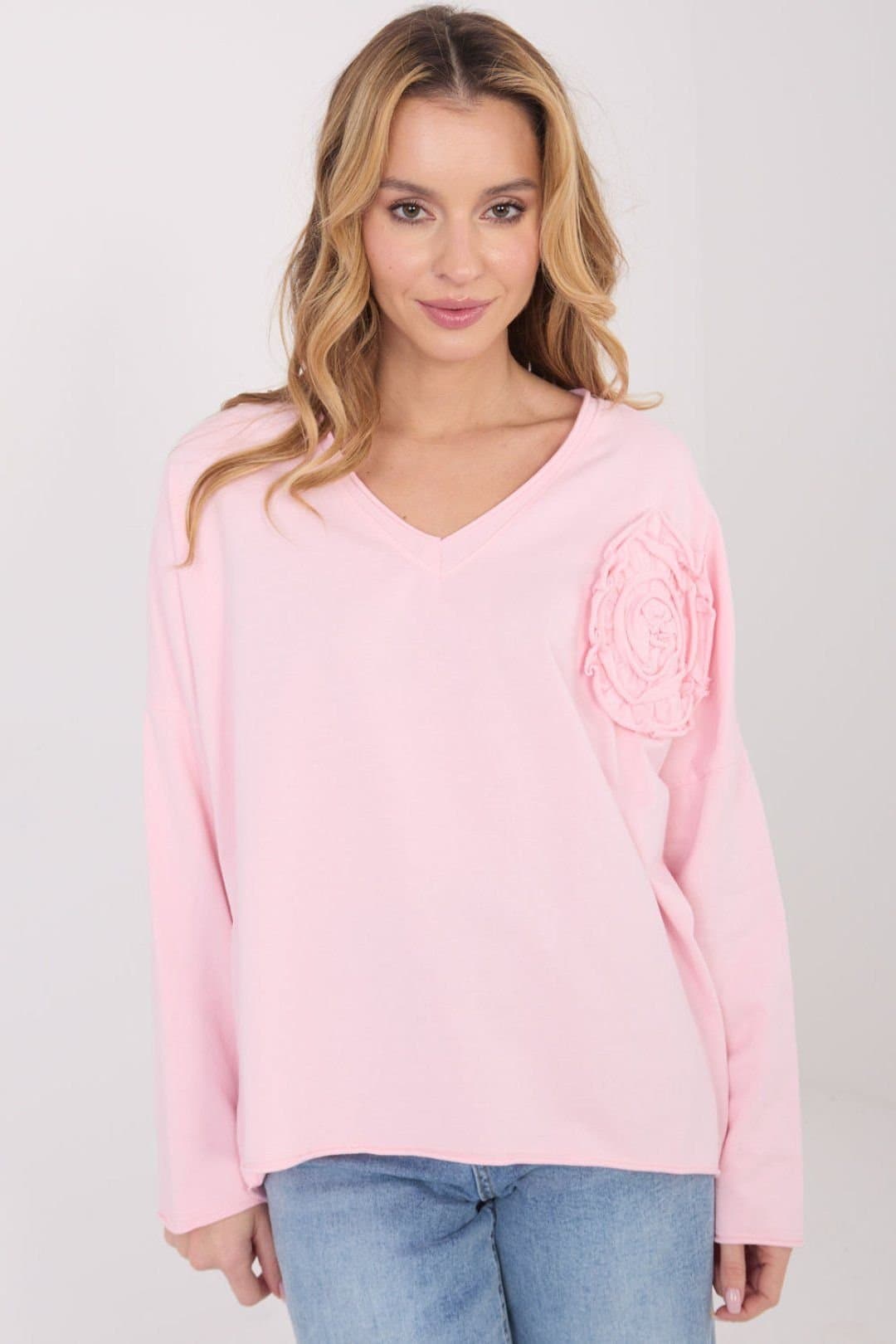 Love Lace Love Lace Women's Cotton Elastane V Neck Blouse with Flower in Pink