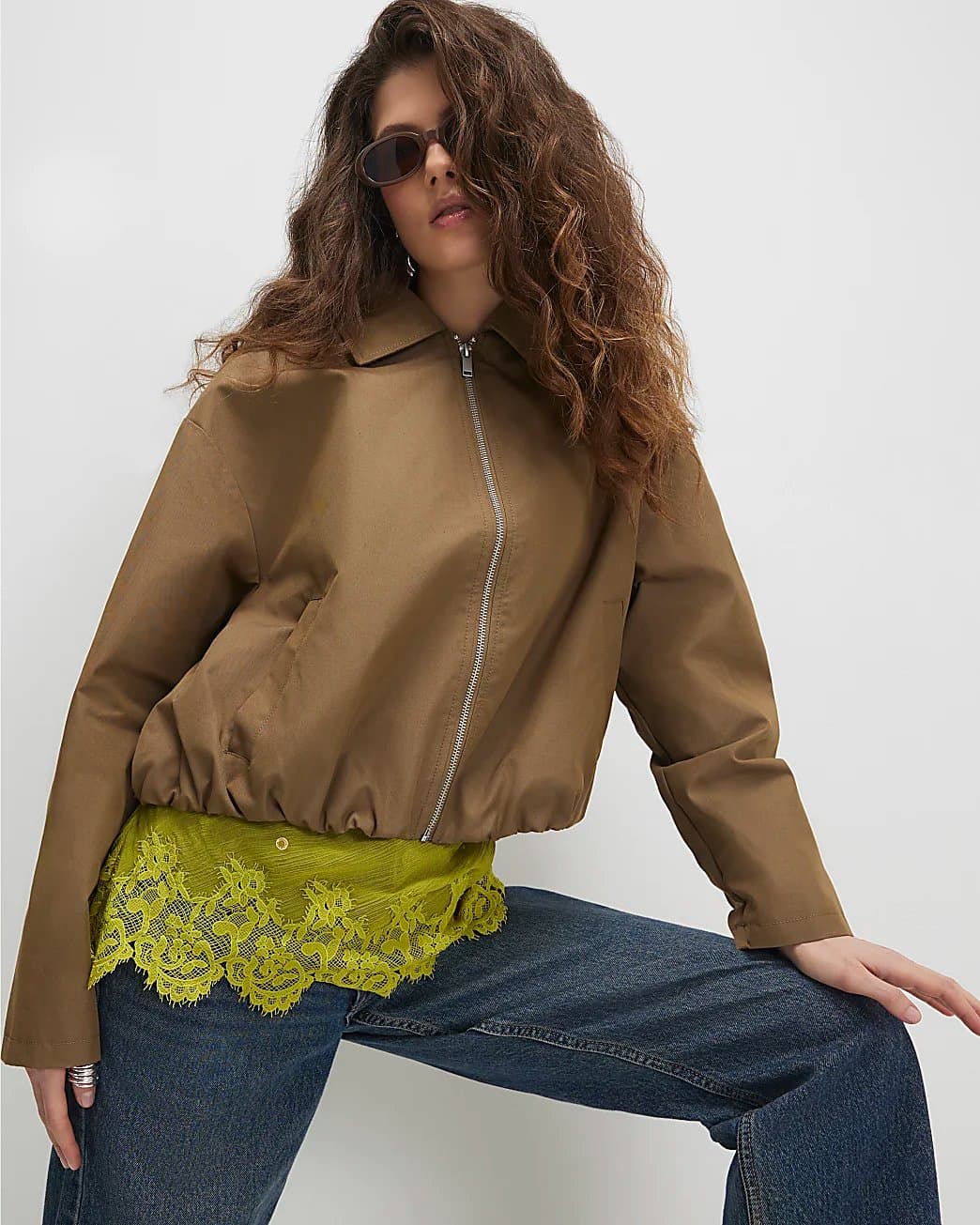 River Island River Island Womens Khaki Utiltiy Zip Through Harrington Jacket