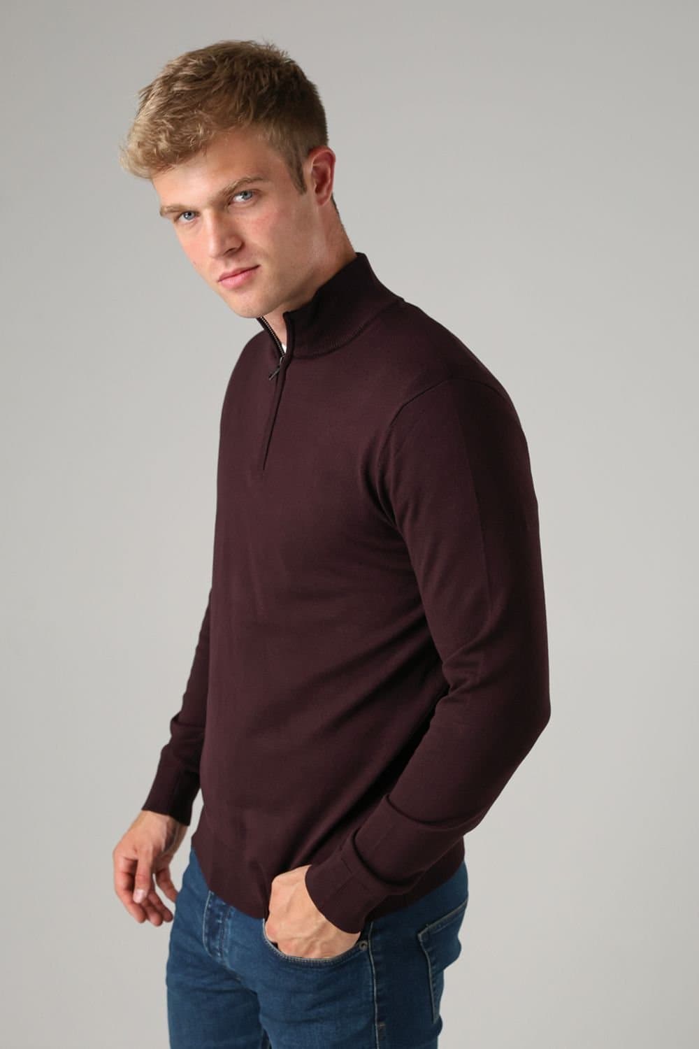 French Connection French Connection Men's 1/2 Zip Knitted Jumper in Wine