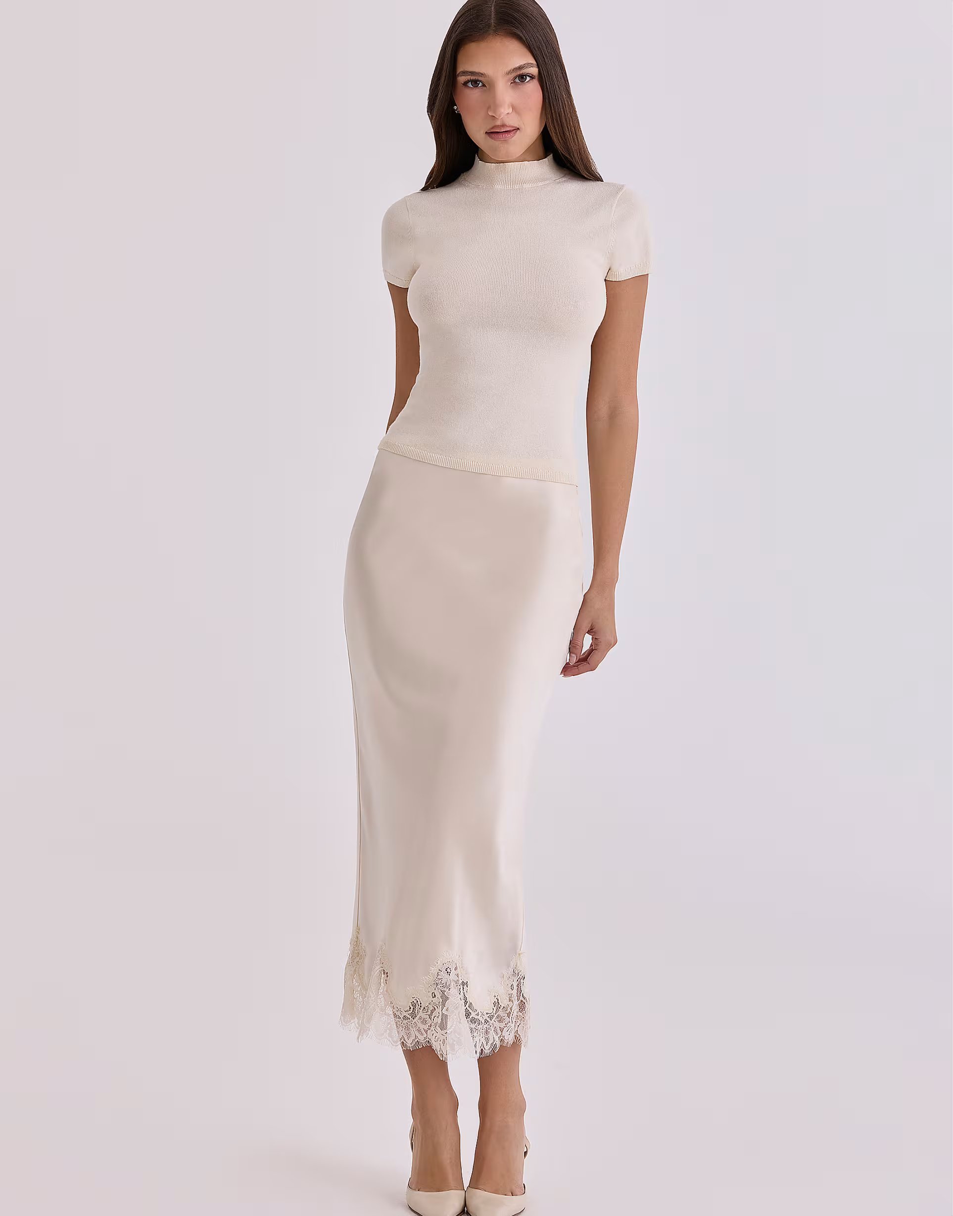 ASOS House of CB Ciara vintage ivory satin + lace midi skirt in vintage ivory - 1
