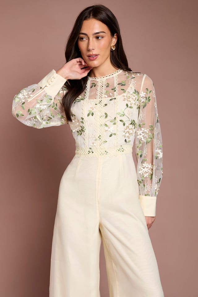 Coast Coast Women's Embroidered Floral Mesh Long Sleeve Jumpsuit in Ecru - 2