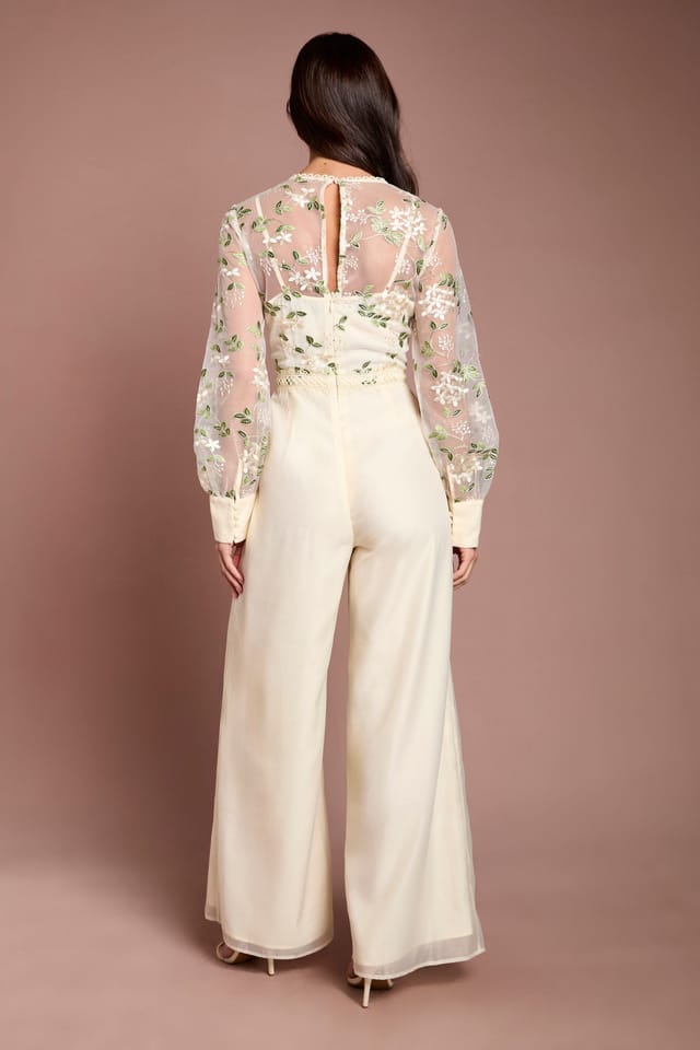 Coast Coast Women's Embroidered Floral Mesh Long Sleeve Jumpsuit in Ecru - 3
