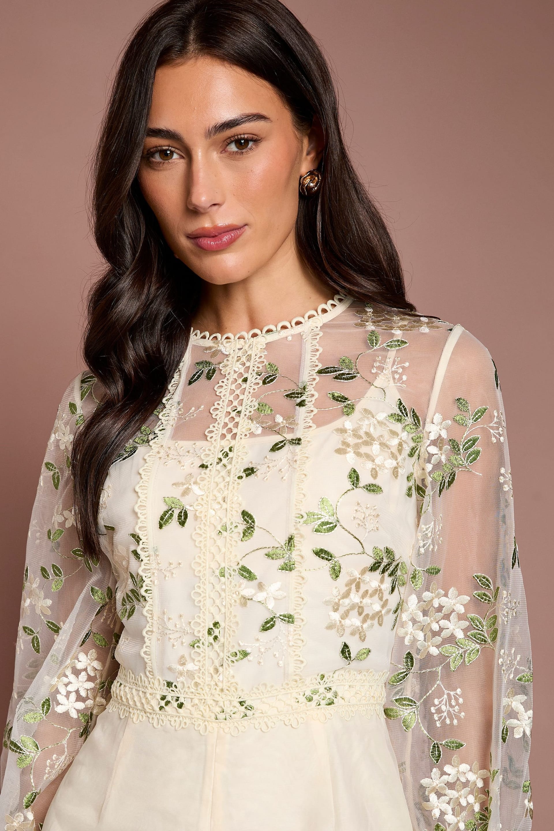 Coast Coast Women's Embroidered Floral Mesh Long Sleeve Jumpsuit in Ecru - 4