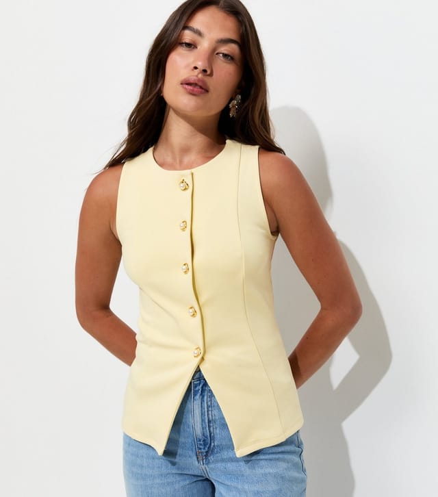 New Look Women's Light Yellow Jersey Crew Neck Faux Pearl Button Waistcoat New Look - 2
