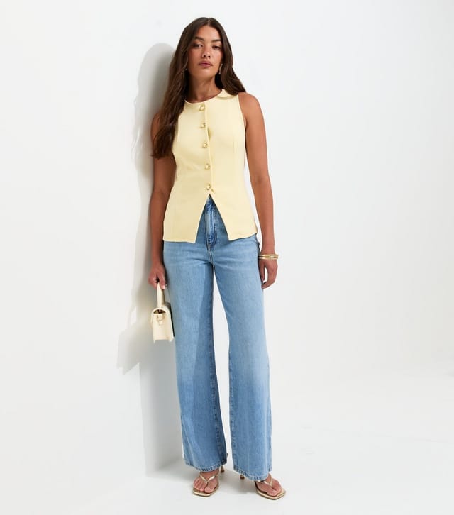 New Look Women's Light Yellow Jersey Crew Neck Faux Pearl Button Waistcoat New Look - 3