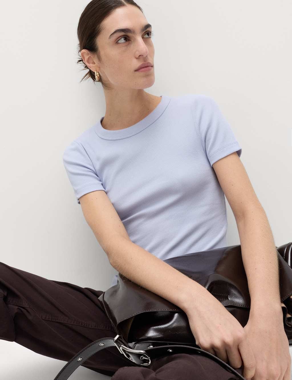 M&S Cotton Rich Ribbed Slim Fit T-Shirt Lilac