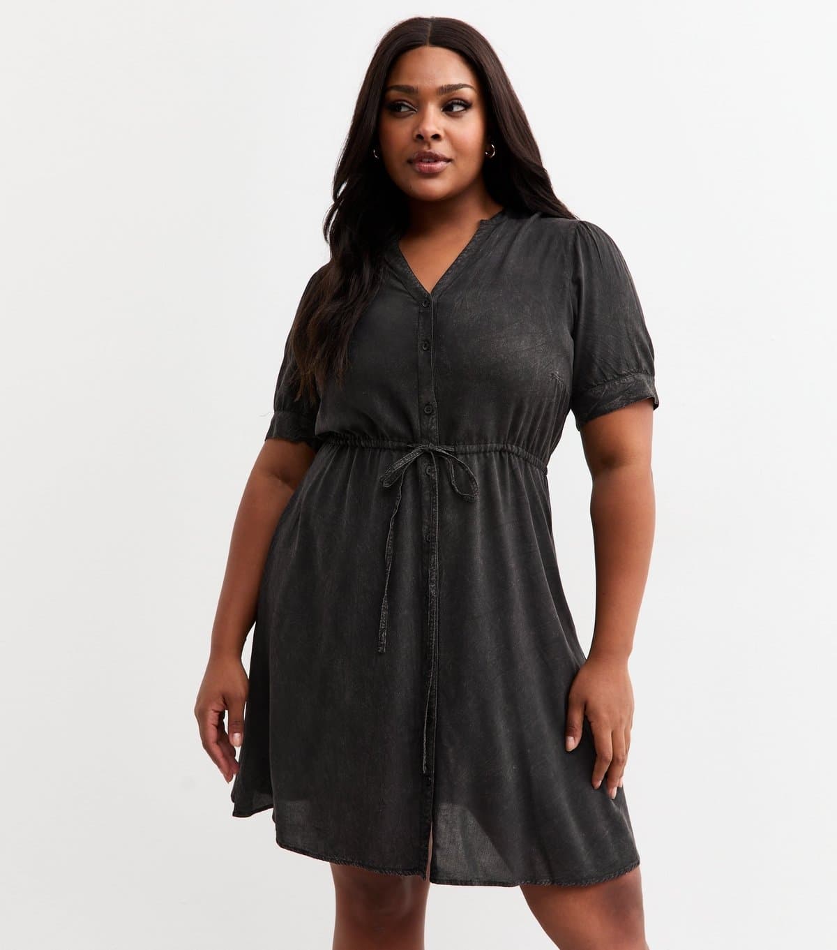 New Look Women's Plus Size Black Denim V Neck Short Sleeve Front Tie Mini Dress Curves New Look