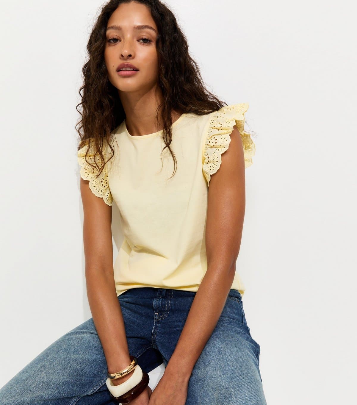New Look Women's Light Yellow Broderie Frill Sleeve Top New Look