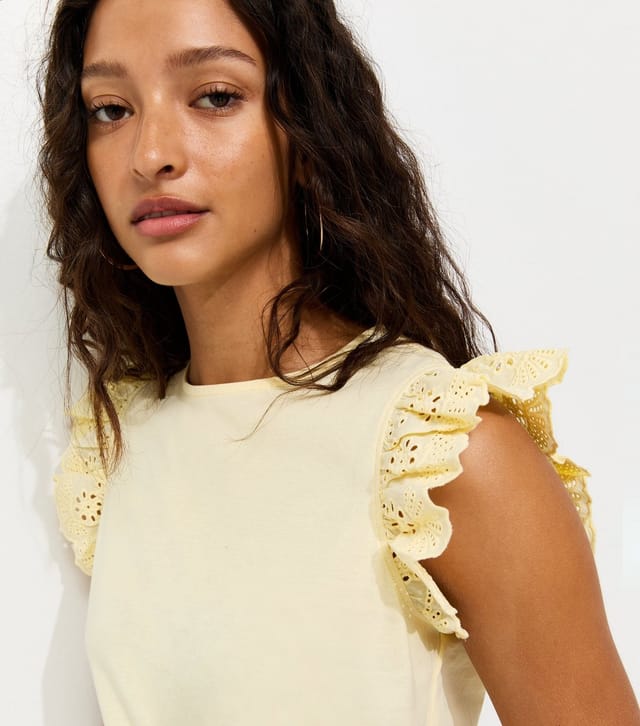New Look Women's Light Yellow Broderie Frill Sleeve Top New Look - 2