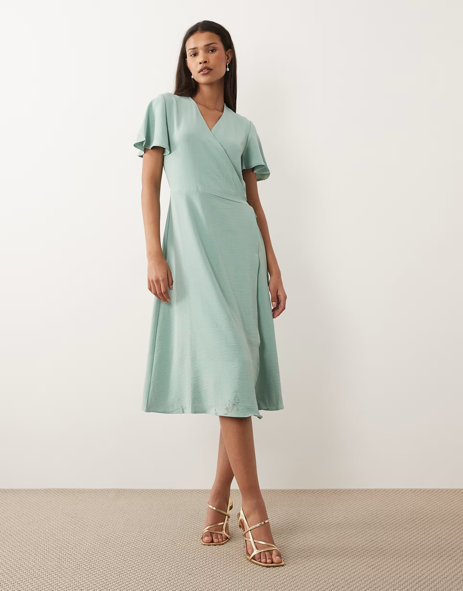 ASOS Vila short sleeve wrap front midi dress in sage green