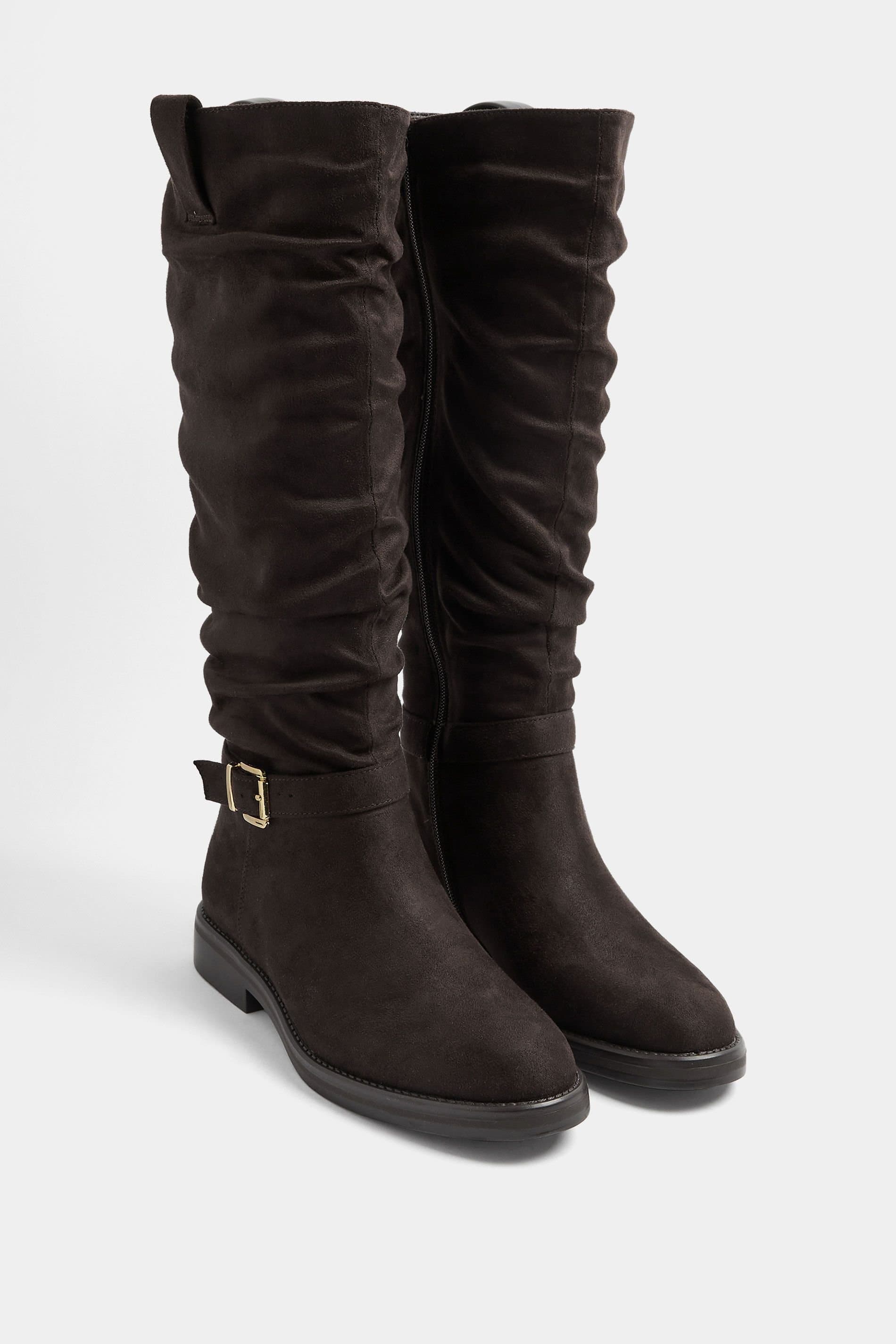 Yours Yours Women's Faux Suede Buckle Detail Knee High Boots In Extra Wide E Fit in Brown