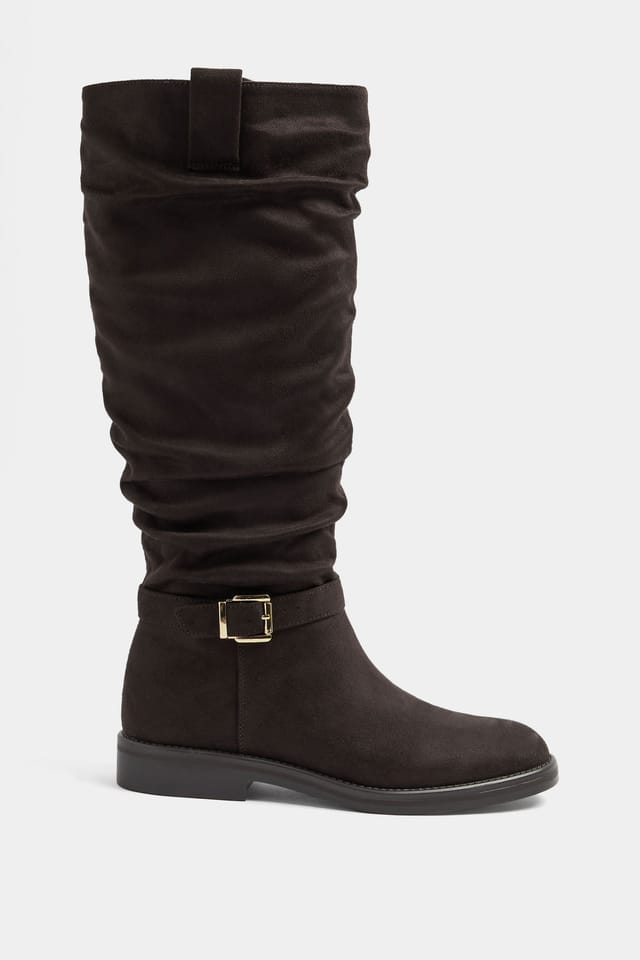 Yours Yours Women's Faux Suede Buckle Detail Knee High Boots In Extra Wide E Fit in Brown - 2