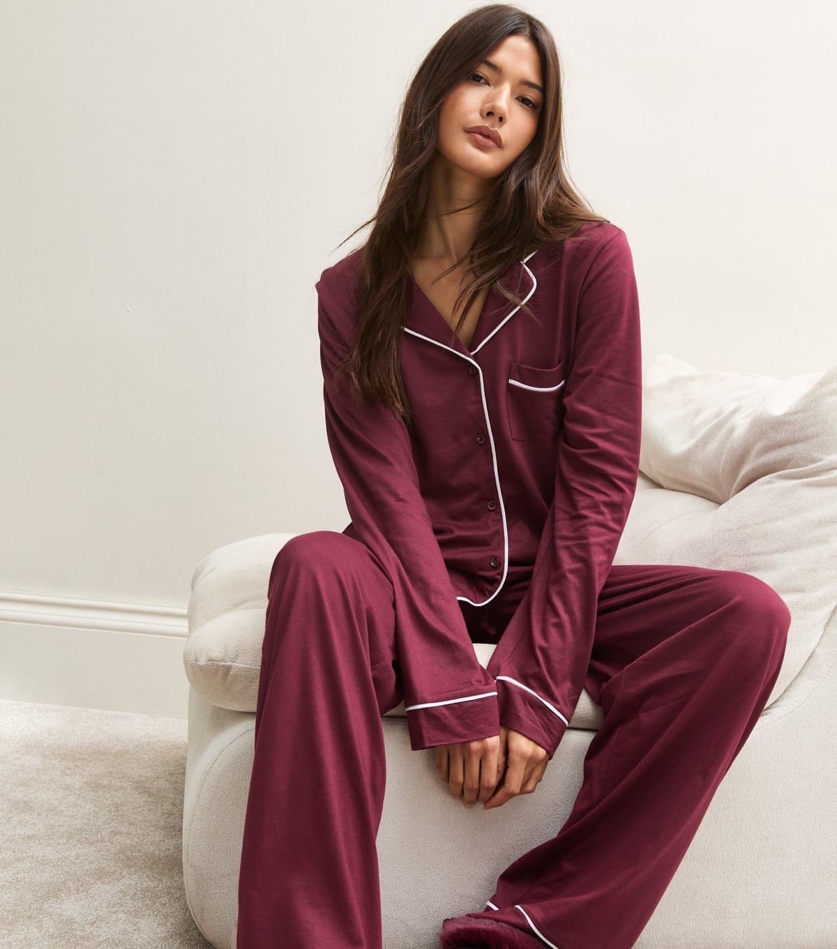 New Look Women's Dark Burgundy Jersey Revere Shirt and Trousers Pyjama Set New Look