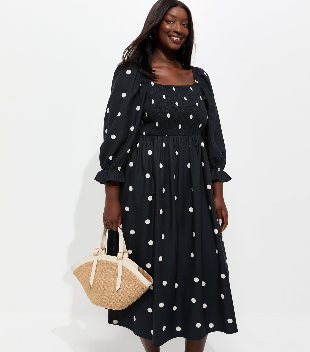 New Look Women's Plus Size Black Polka Dot Shirred Cropped Sleeve Midi Dress Curves New Look