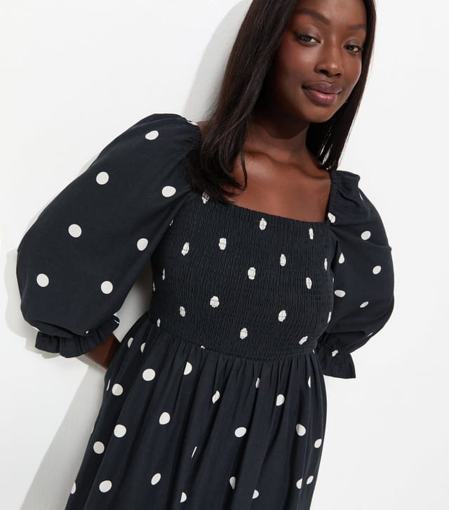 New Look Women's Plus Size Black Polka Dot Shirred Cropped Sleeve Midi Dress Curves New Look - 2
