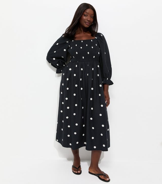 New Look Women's Plus Size Black Polka Dot Shirred Cropped Sleeve Midi Dress Curves New Look - 3