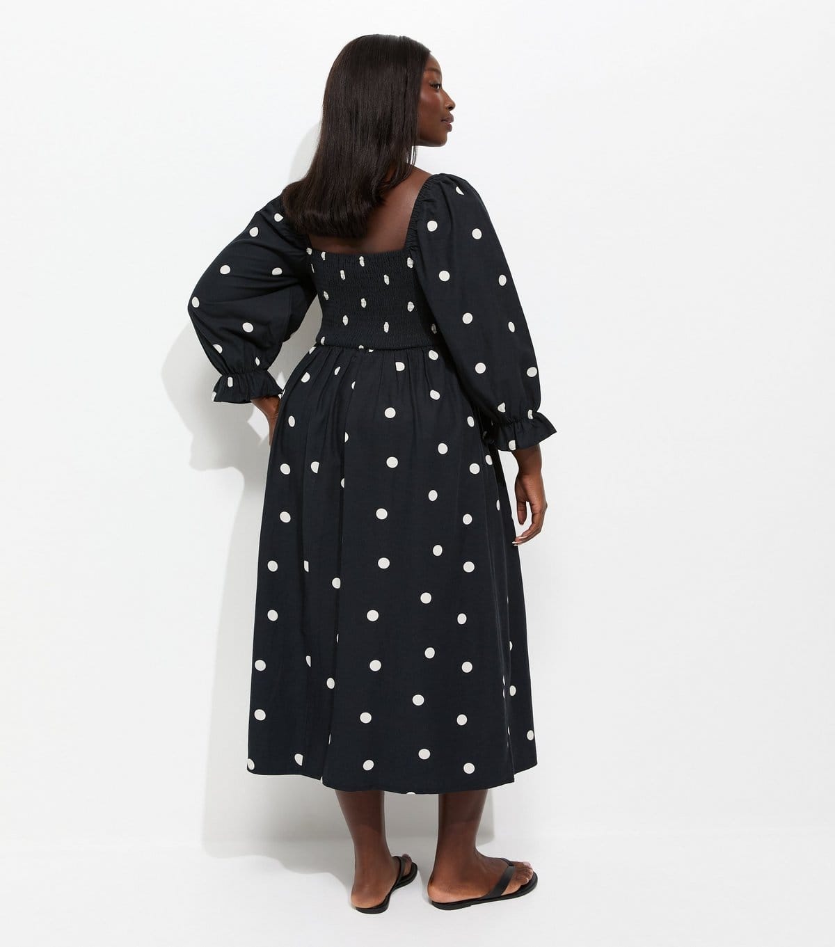 New Look Women's Plus Size Black Polka Dot Shirred Cropped Sleeve Midi Dress Curves New Look - 4