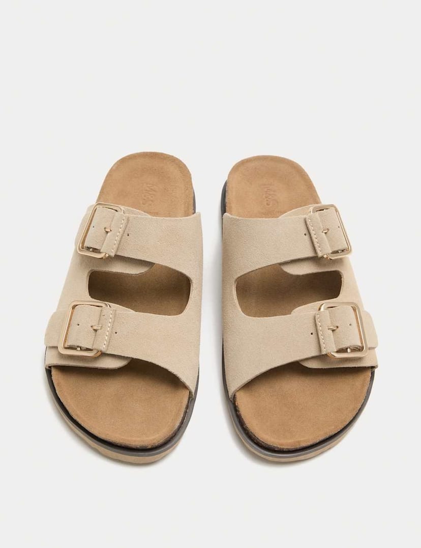 Marks & Spencer M&S Suede Double Buckle Footbed Mules Sand - 1