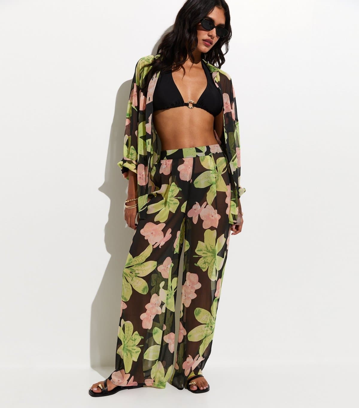 New Look Women's Black Floral Print Semi-Sheer Beach Trousers New Look