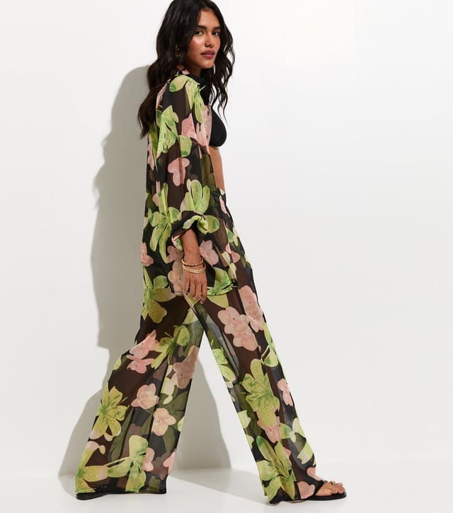 New Look Women's Black Floral Print Semi-Sheer Beach Trousers New Look - 3