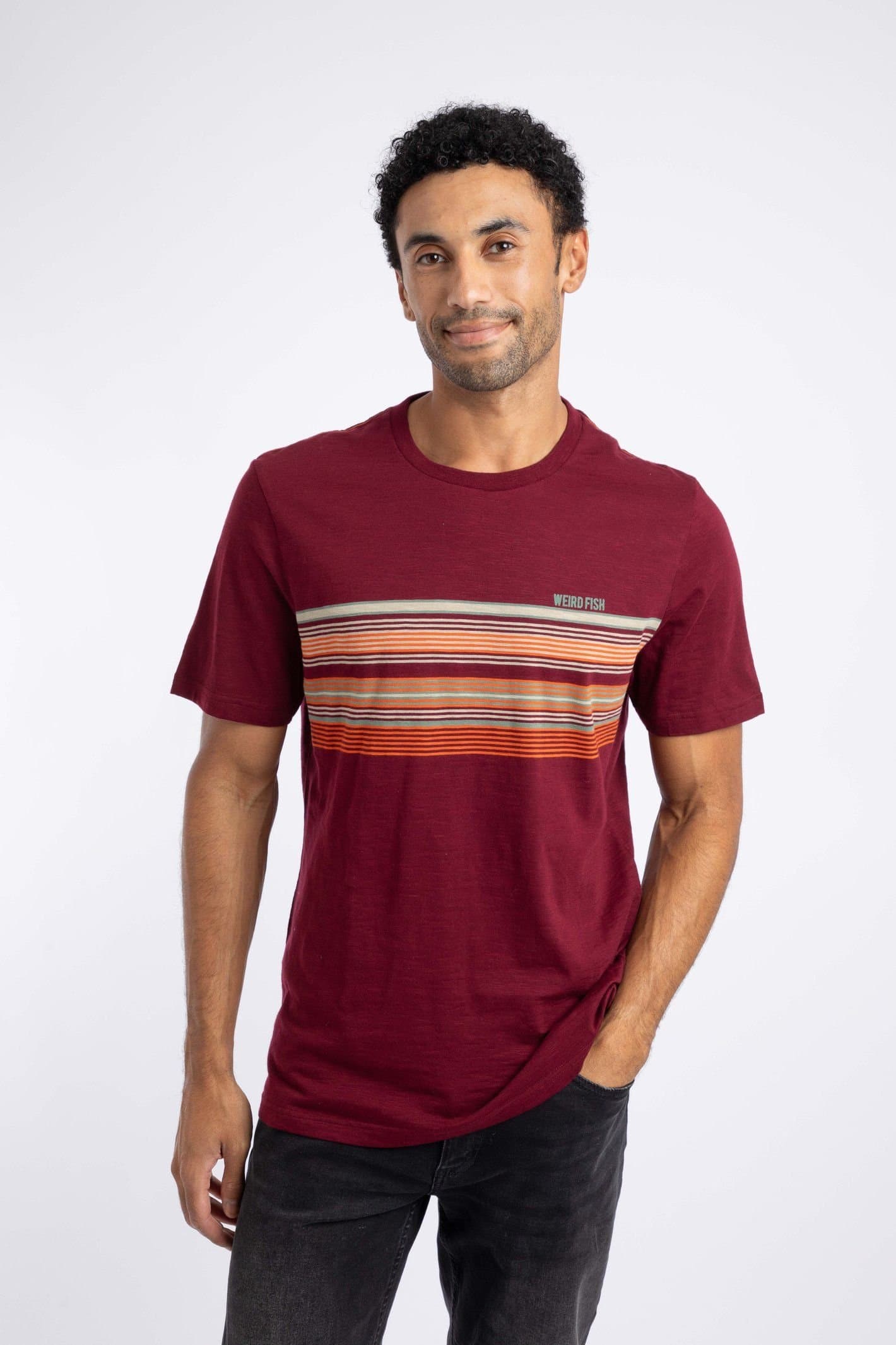 Weird Fish Weird Fish Men's Garside Chest Stripe T-Shirt in Wine