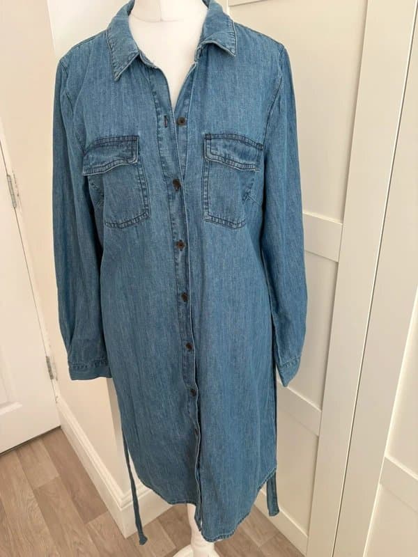 TU TU Woman Denim Shirt Dress UK 10 – Blue Chambray Button Front Belted Midi Dress Casual Long Sleeve