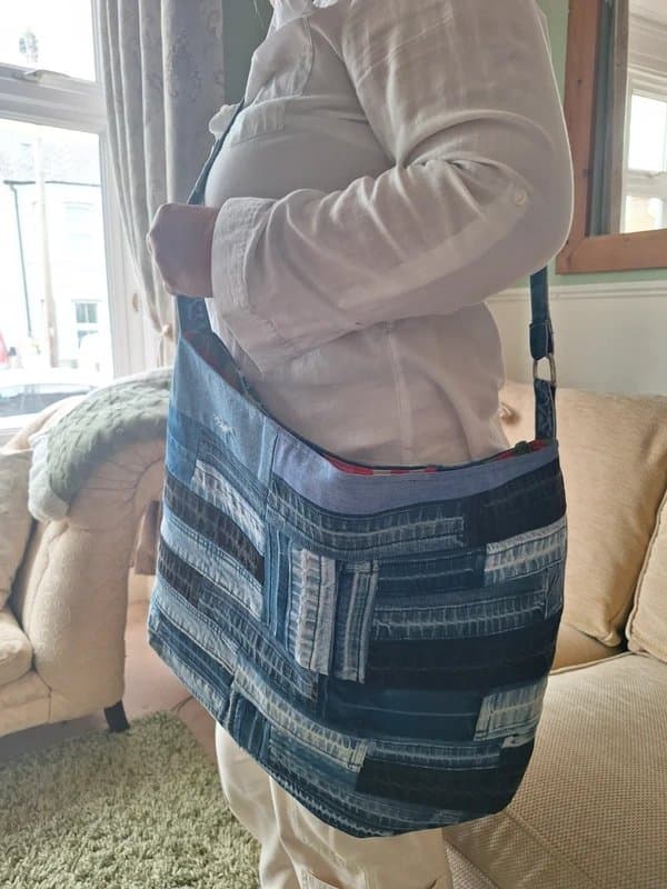 Seals of Kent Upcycled extra large patchwork denim bag with satin patterned lining