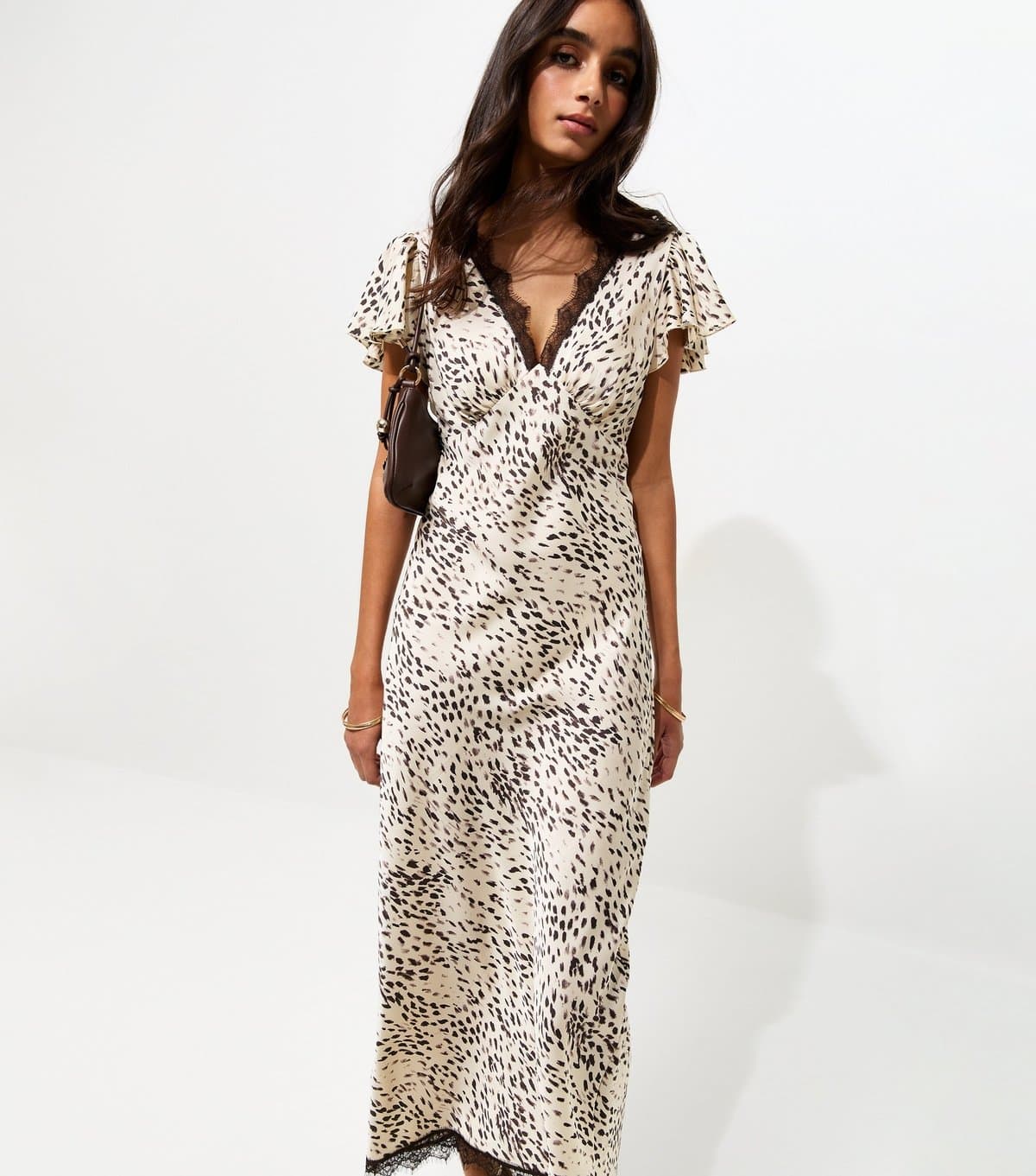 New Look Women's Cream Satin Animal Print Flutter Sleeve Midi Dress New Look