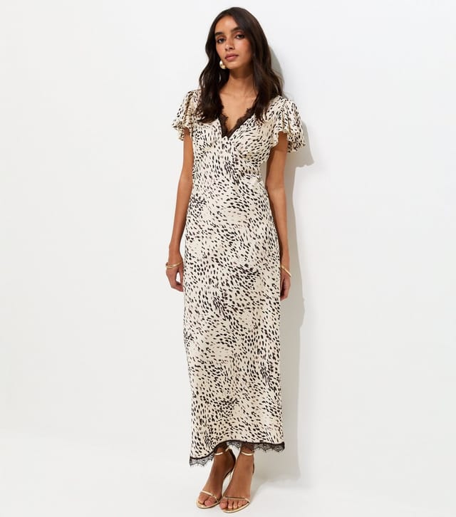 New Look Women's Cream Satin Animal Print Flutter Sleeve Midi Dress New Look - 3