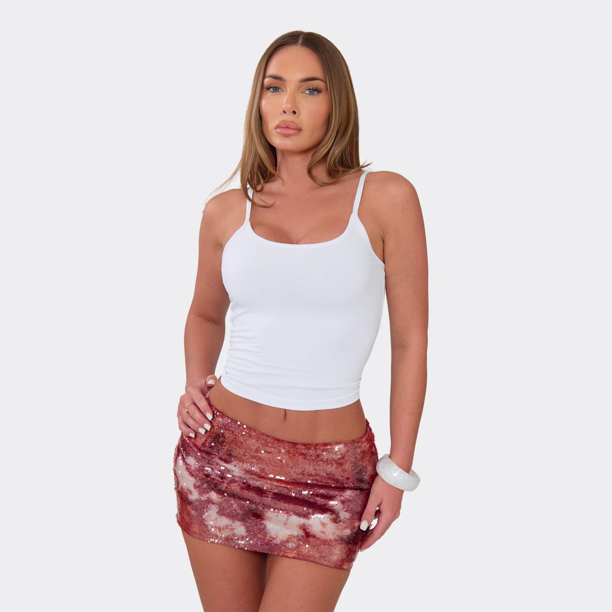 EGO Low Waist A-Line Mini Skirt In Red Textured Sequin, Women's Size UK 6 - 1