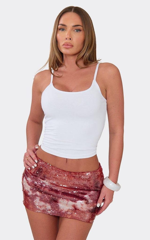 EGO Low Waist A-Line Mini Skirt In Red Textured Sequin, Women's Size UK 6 - 2