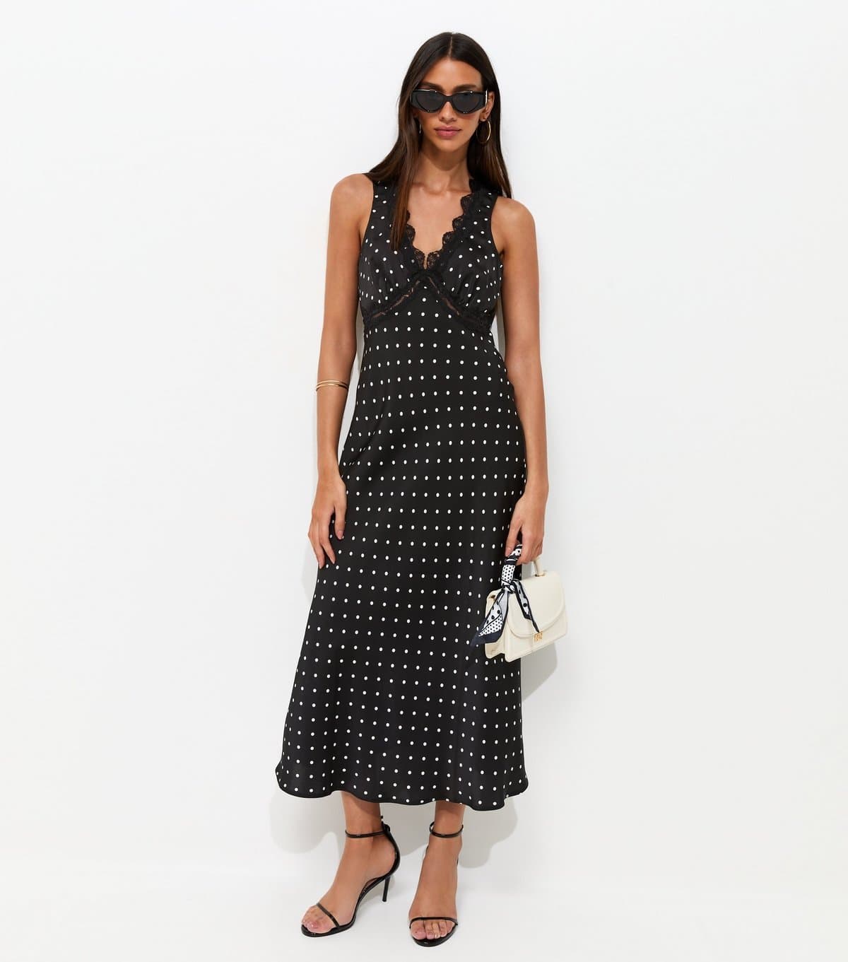 New Look Women's Black Satin Polka Dot Sleeveless Midi Dress New Look