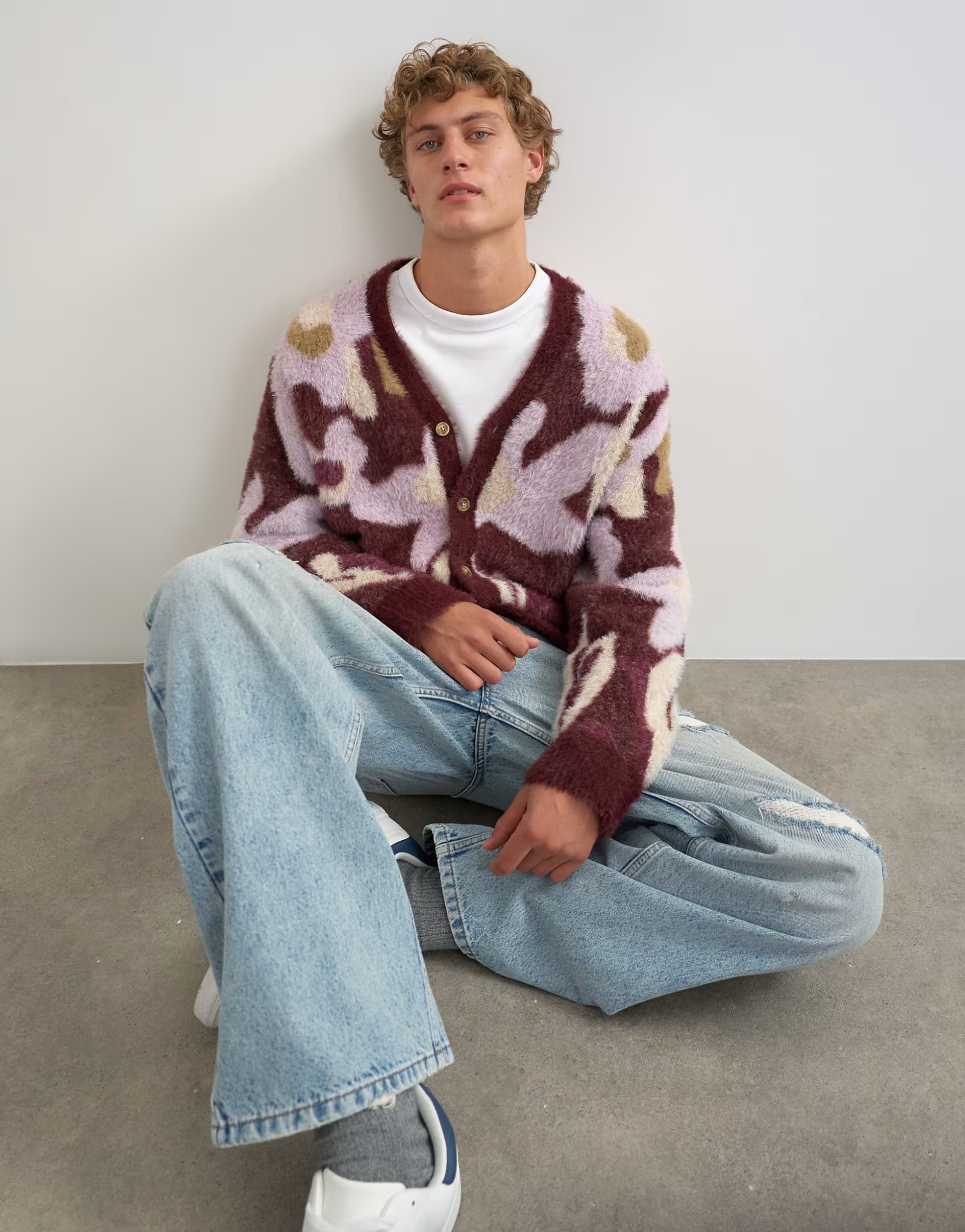 ASOS Topman relaxed fit fluffy floral cardigan in burgundy