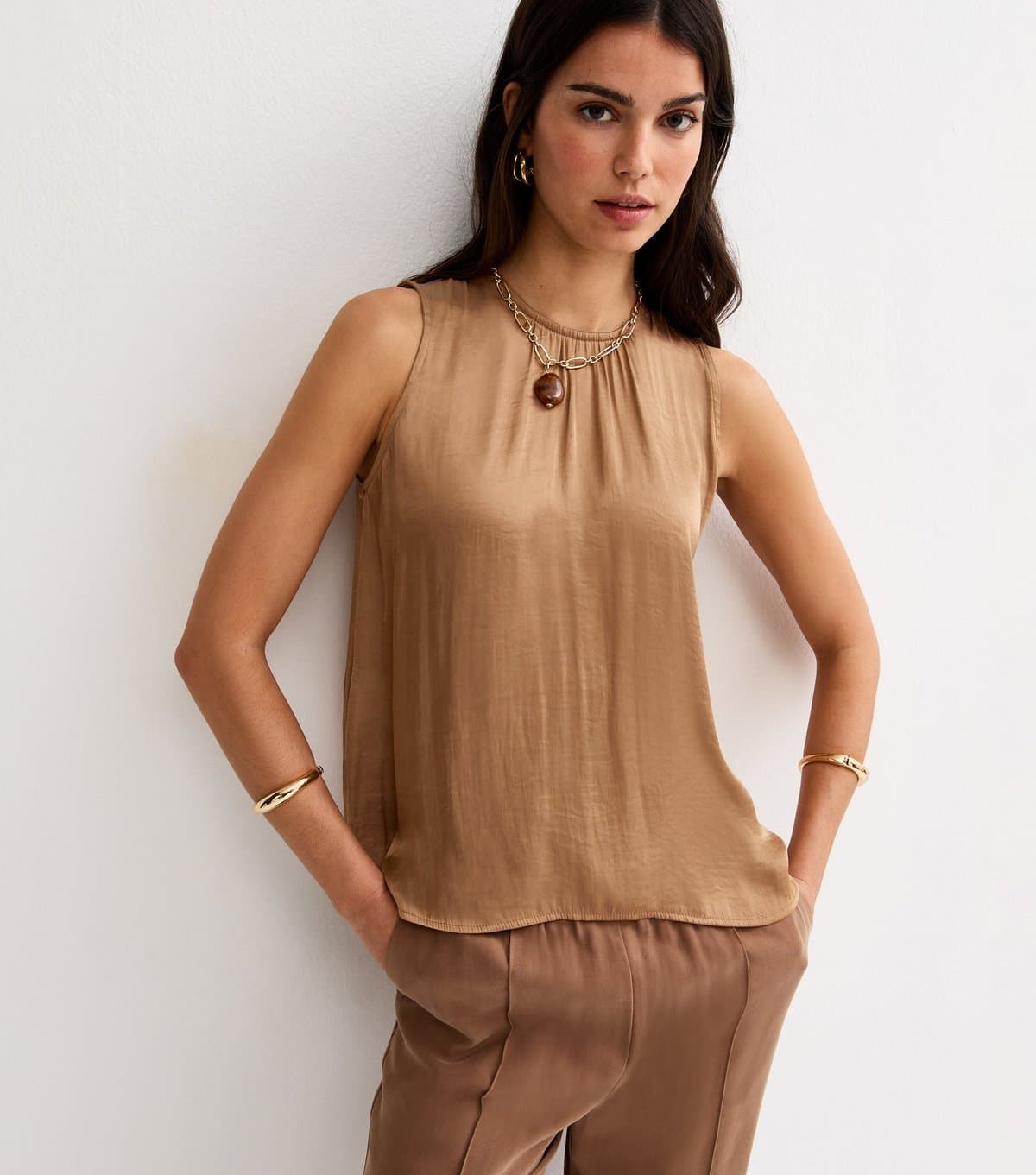 New Look Women's Light Brown Satin Sleeveless Top New Look