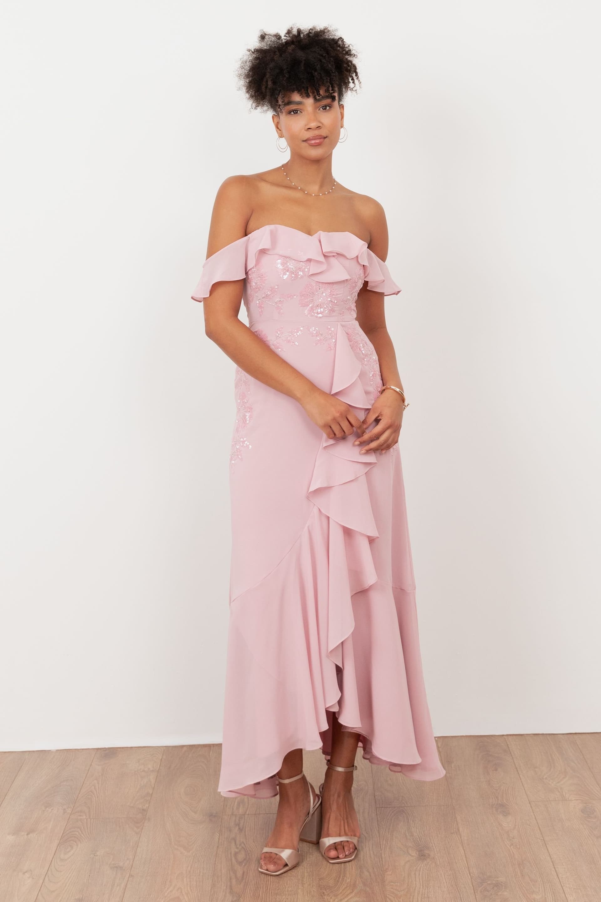 Maya Deluxe Maya Deluxe Women's Embellished Faux Wrap Bardot Midaxi Dress in Light Pink