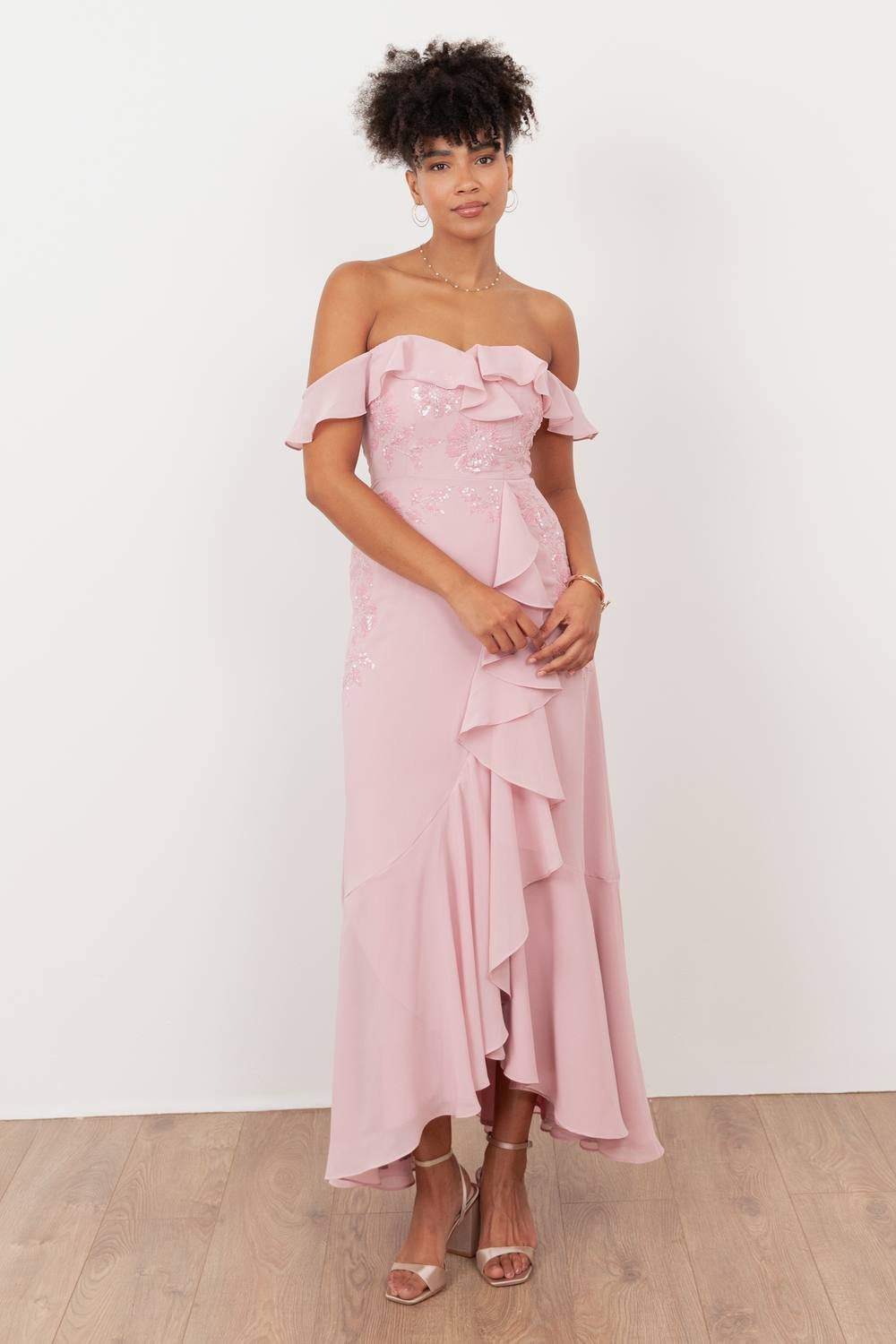 Maya Deluxe Maya Deluxe Women's Embellished Faux Wrap Bardot Midaxi Dress in Light Pink - 3