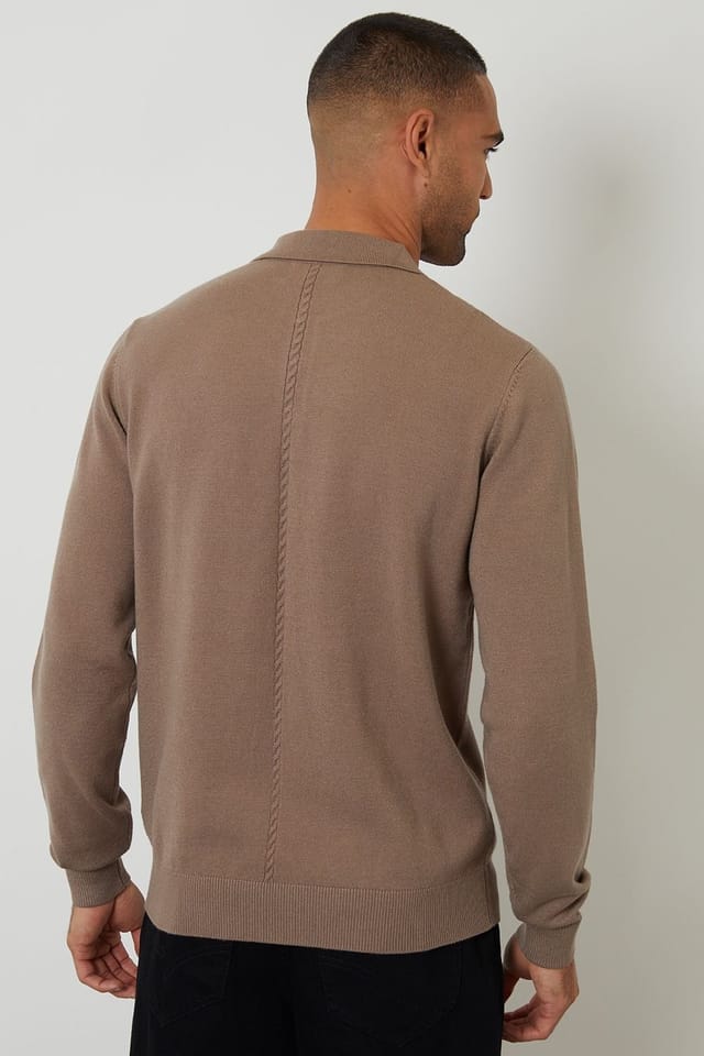 Threadbare Threadbare Men's Cable Knit Long Sleeve Polo Jumper in Taupe - 2