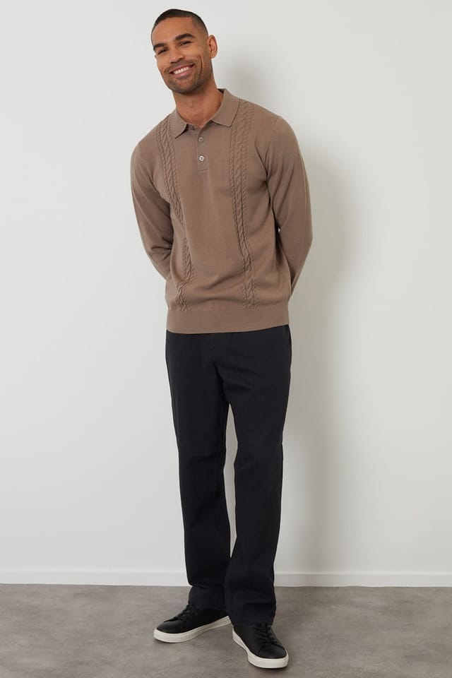 Threadbare Threadbare Men's Cable Knit Long Sleeve Polo Jumper in Taupe - 3
