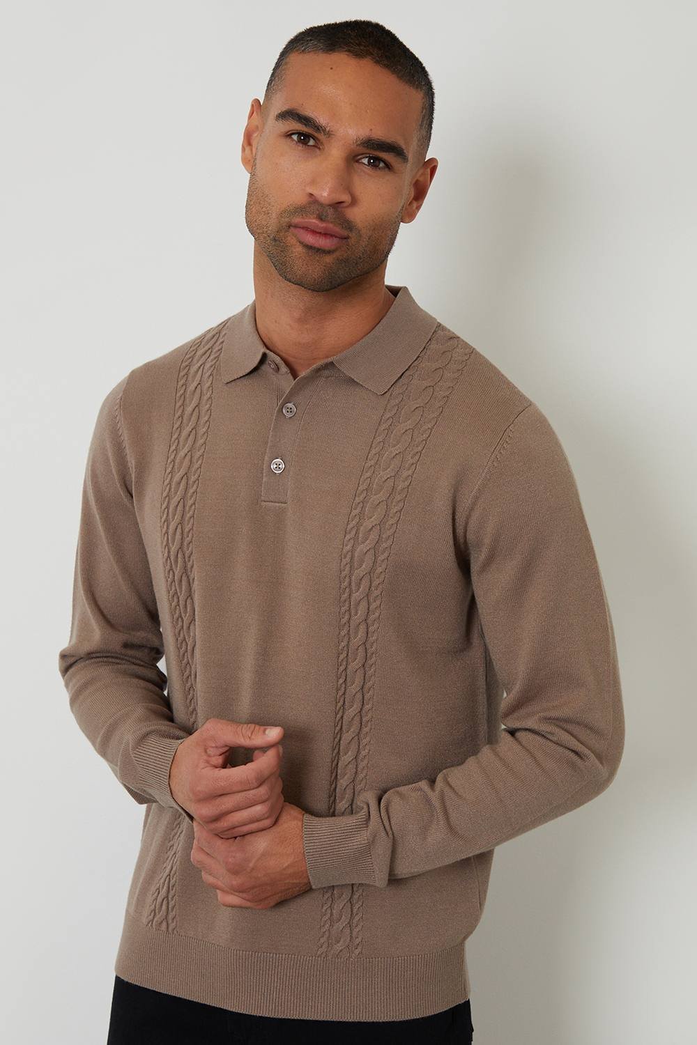 Threadbare Threadbare Men's Cable Knit Long Sleeve Polo Jumper in Taupe - 4