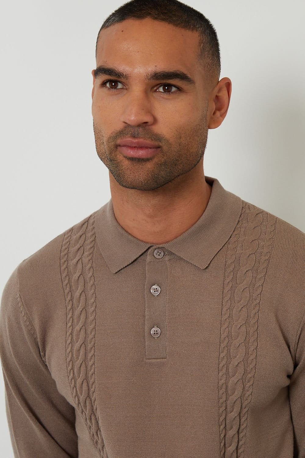 Threadbare Threadbare Men's Cable Knit Long Sleeve Polo Jumper in Taupe - 4