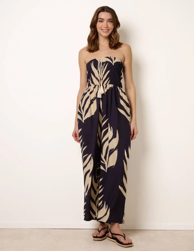 Blue Vanilla Printed Bandeau Tie Neck Shirred Jumpsuit - 3