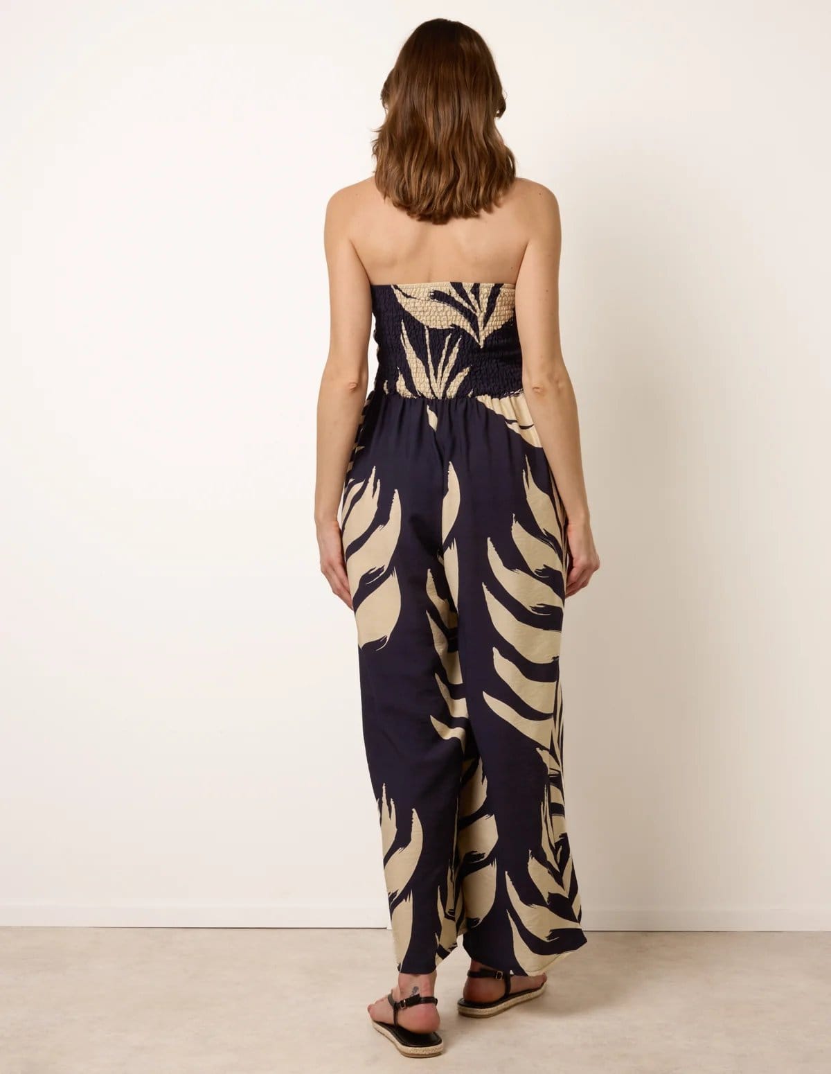 Blue Vanilla Printed Bandeau Tie Neck Shirred Jumpsuit - 4
