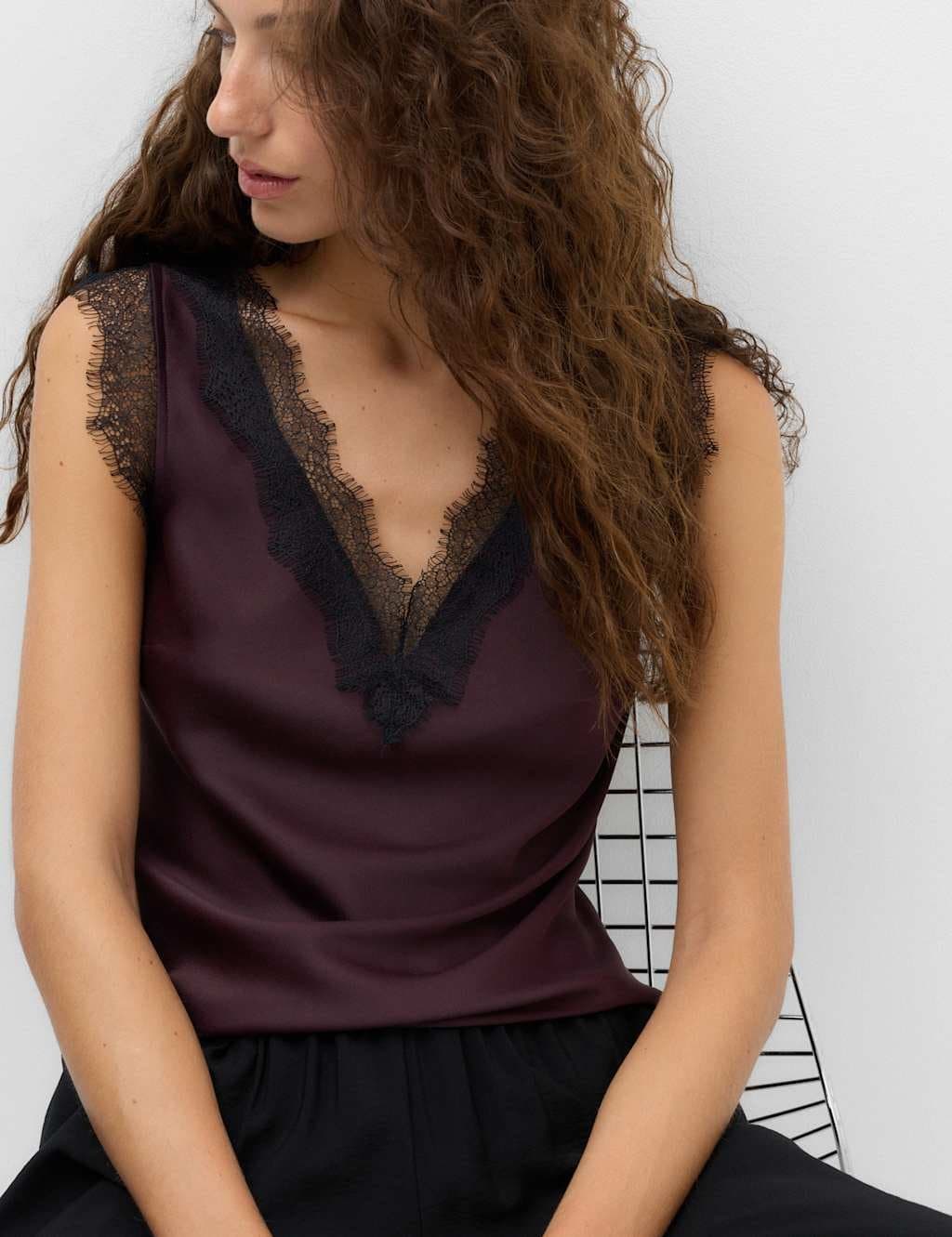 Marks & Spencer M&S Satin V-Neck Lace Insert Cami Top Dark Aubergine