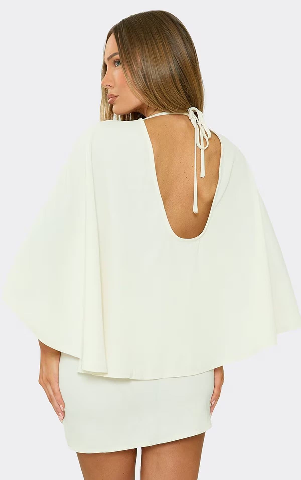 EGO Plunge Front Cape Back Mini Dress In Cream, Women's Size UK 6