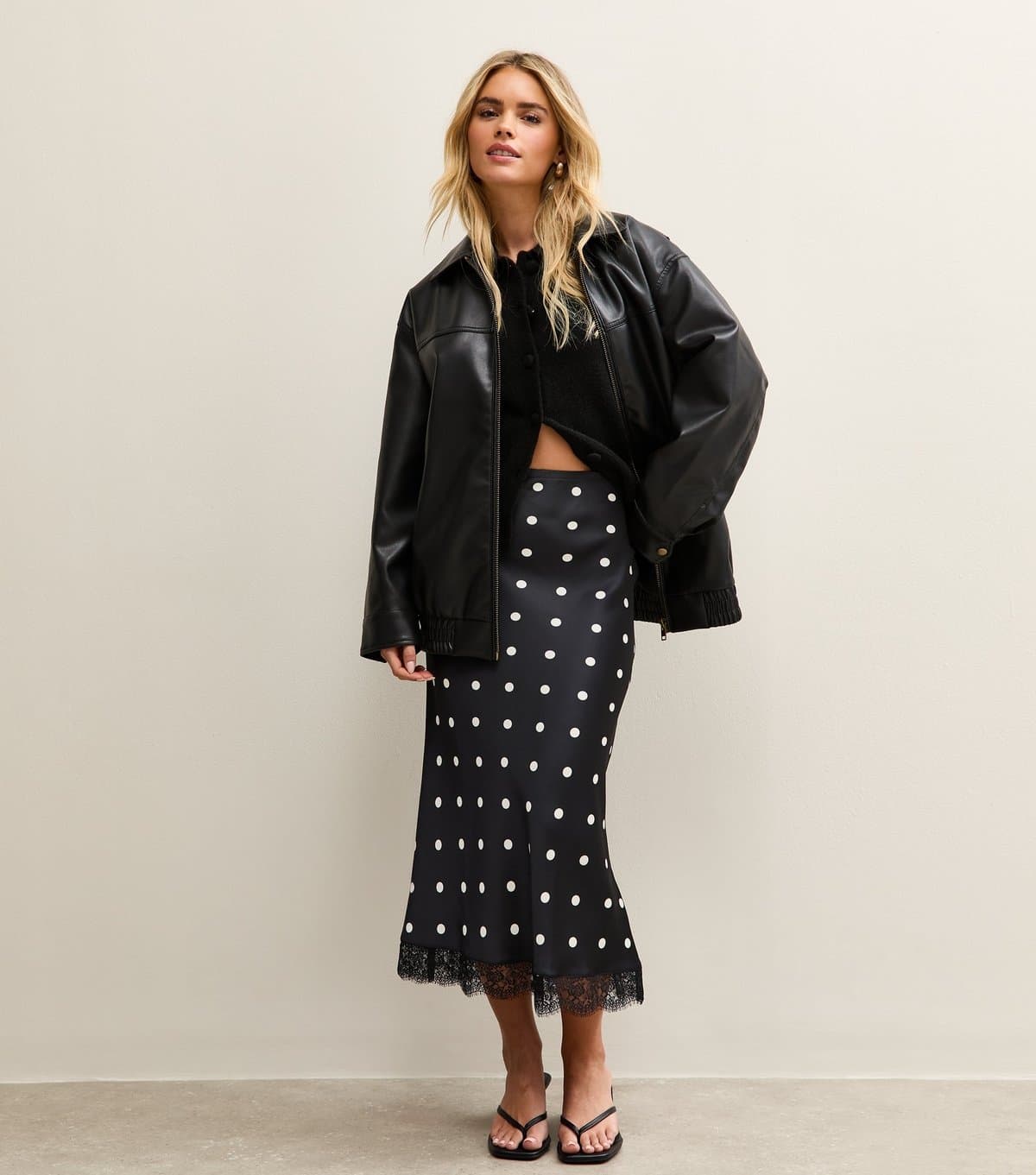 New Look Women's Petite Black Polka Dot Lace Trim Midi Skirt New Look