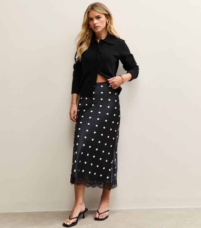 New Look Women's Petite Black Polka Dot Lace Trim Midi Skirt New Look - 3