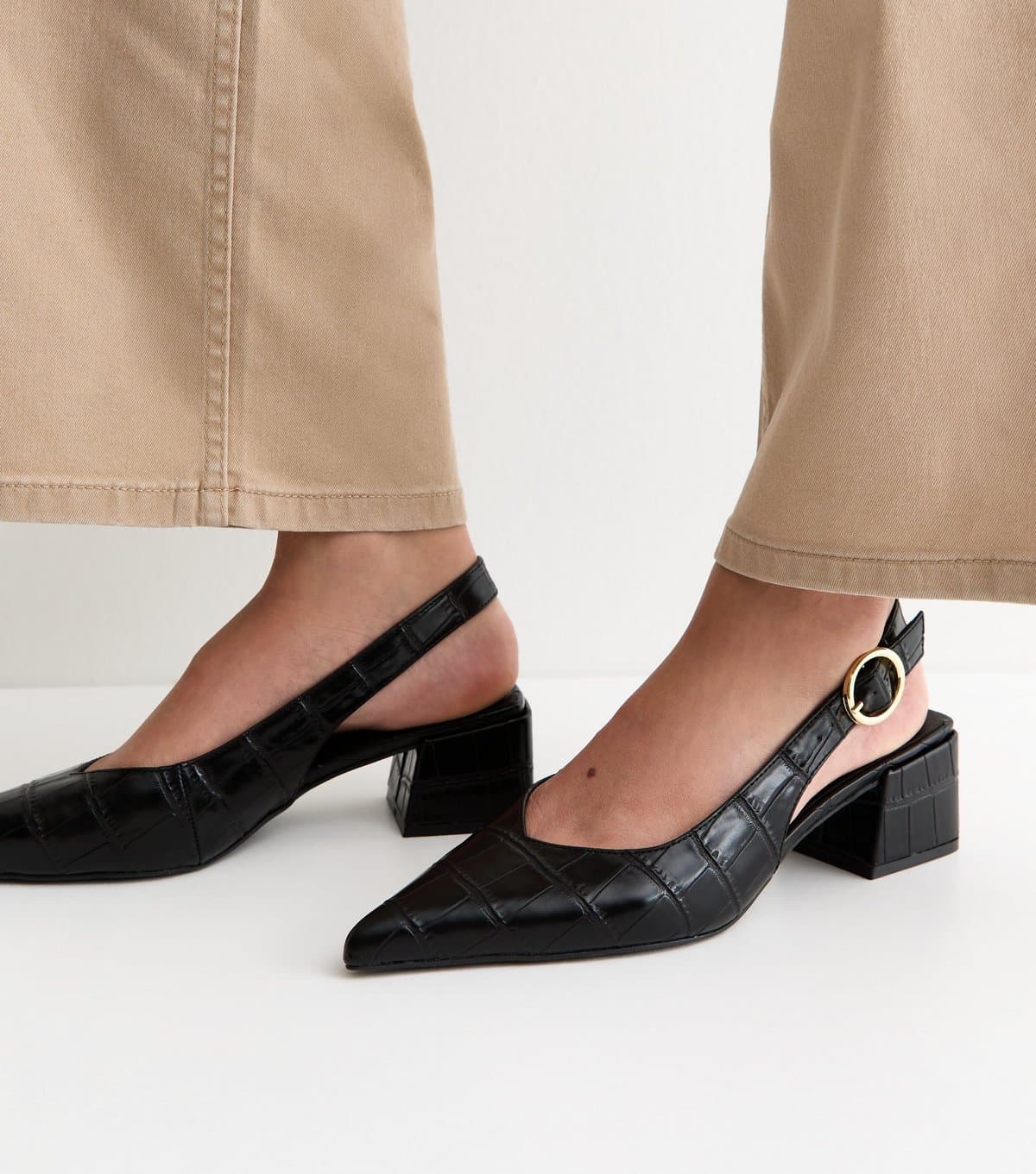 New Look Women's Wide Fit Black Faux Leather Crocodile Embossed Block Heel Pumps Vegan New Look