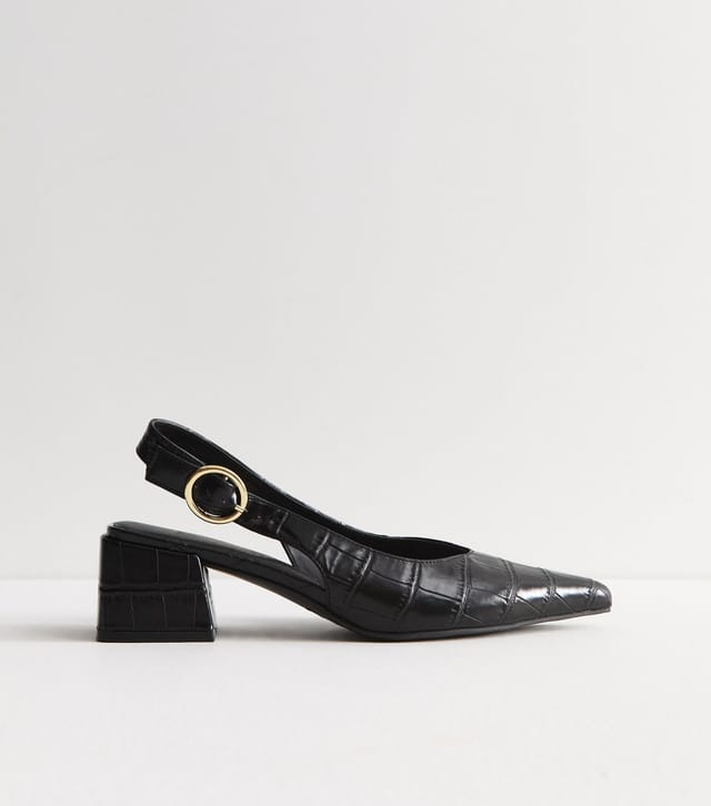 New Look Women's Wide Fit Black Faux Leather Crocodile Embossed Block Heel Pumps Vegan New Look - 2